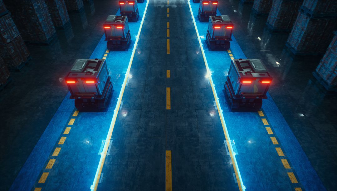 Autonomous Robots Navigating Warehouse with Futuristic LED Paths
