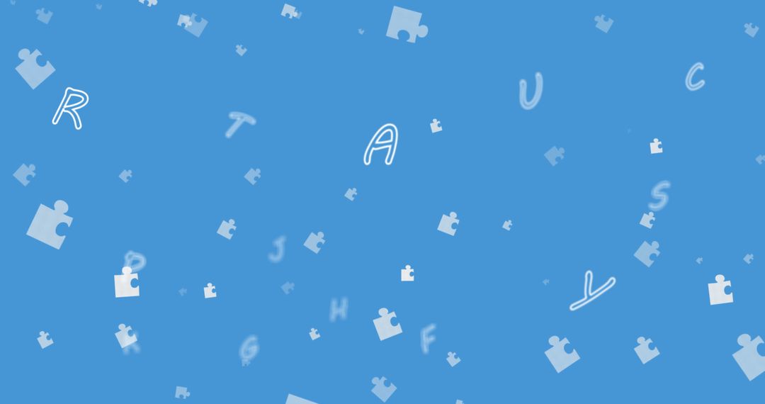 Floating Puzzles and Letters on Blue Background