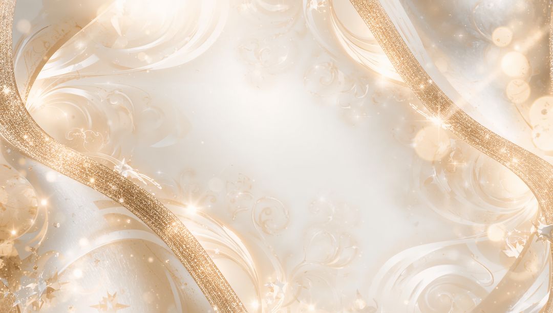 Gold Glitter Ribbon Background with Floral Swirls, Bokeh Lights and Luxury Sparkles