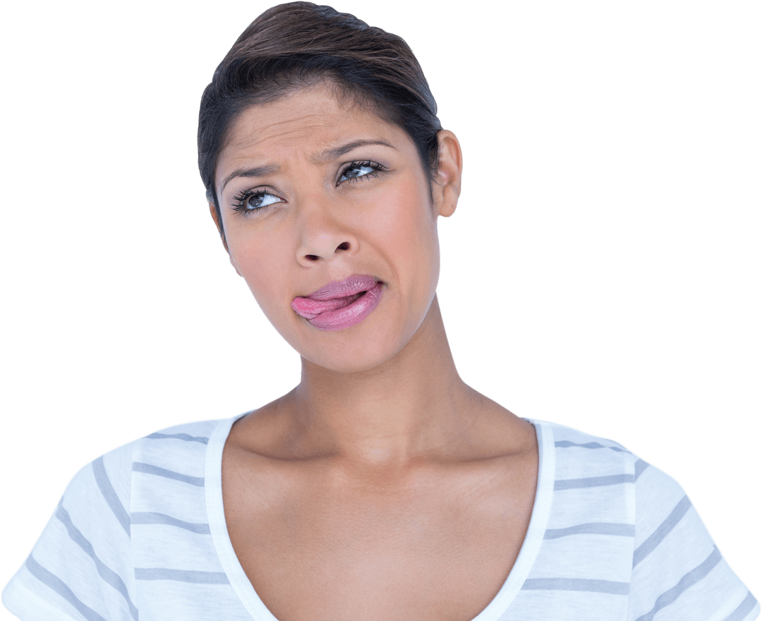 Thoughtful Woman Transparent Background Licking Lips Expression