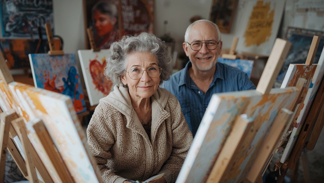 Senior couple painting together in cozy art studio, smiling while creating canvases