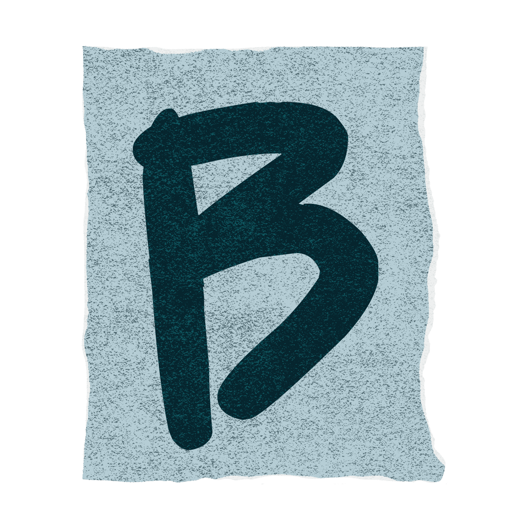 Hand-Drawn Dark Teal Letter B with Torn Edge Texture on Light Blue Background