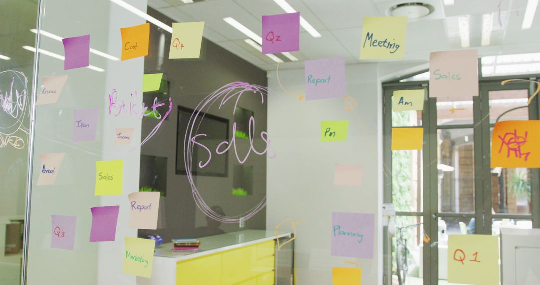 Bright Office with Sticky Notes on Glass Wall for Project Planning - Free Images, Stock Photos and Pictures on Pikwizard.com