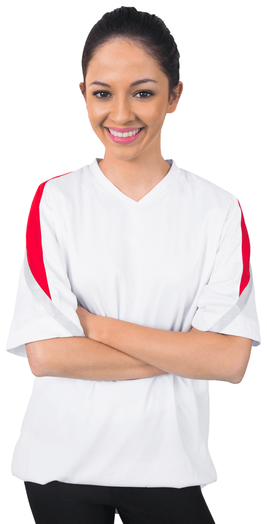 Smiling Woman in White and Red Sports Jersey with Transparent Background