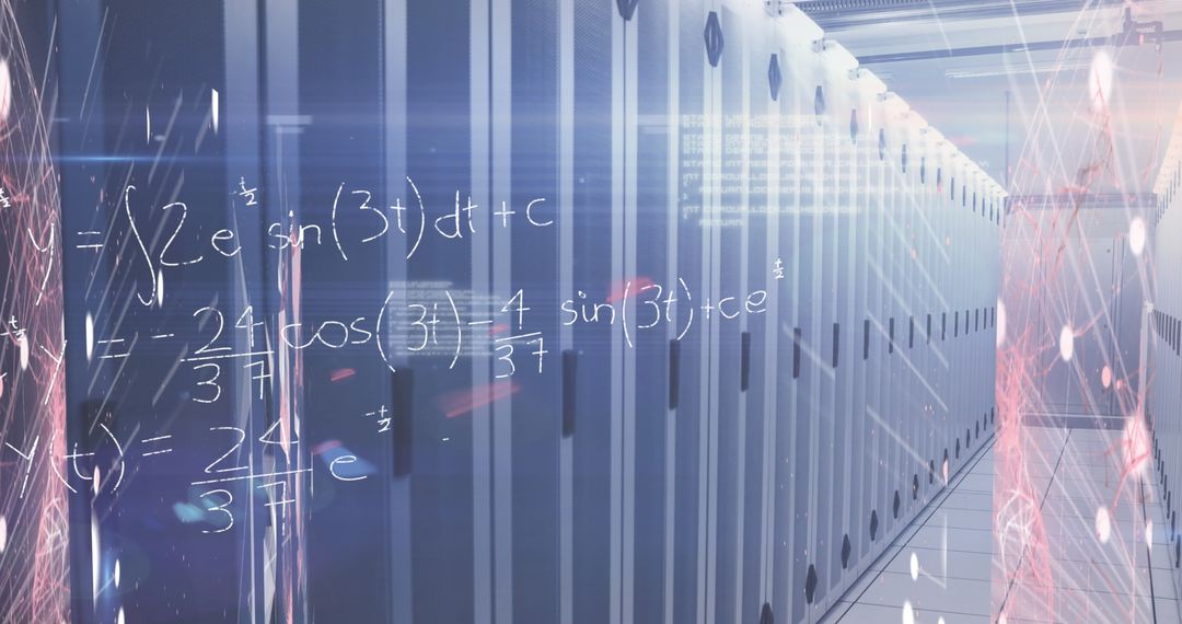 Data Center Hallway with Overlay of Equations and Connections