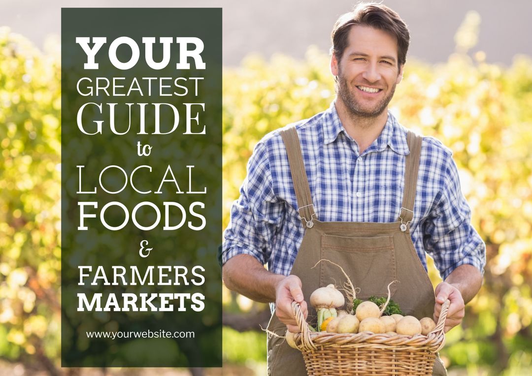 Happy Farmer Holding Basket of Fresh Vegetables Promoting Local Foods - Download Free Stock Templates Pikwizard.com