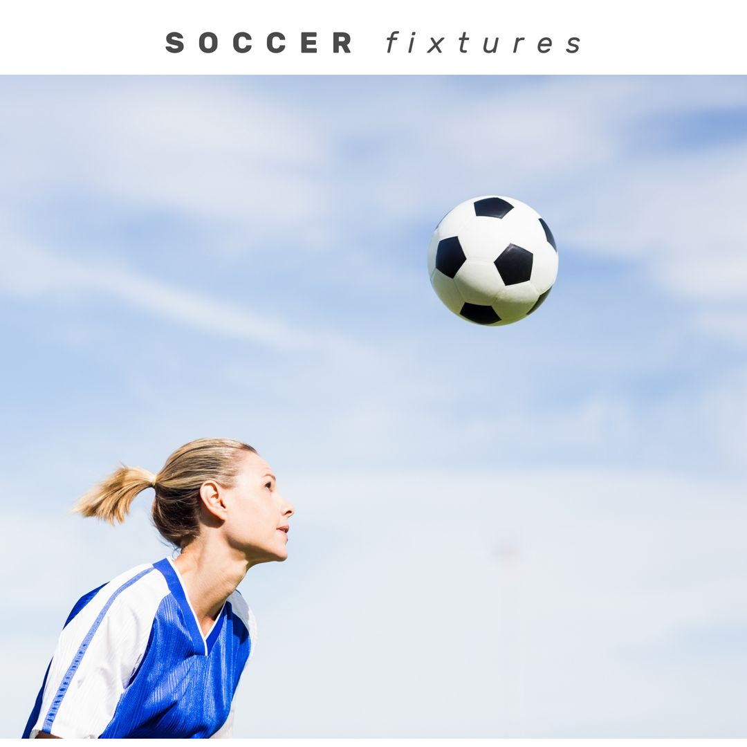 Focused Female Soccer Player Heading Football with Blue Sky Background - Download Free Stock Templates Pikwizard.com