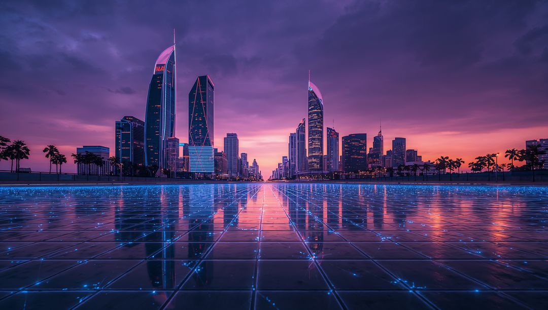 Futuristic Skyline Reflection with Neon Grid in Urban Dusk