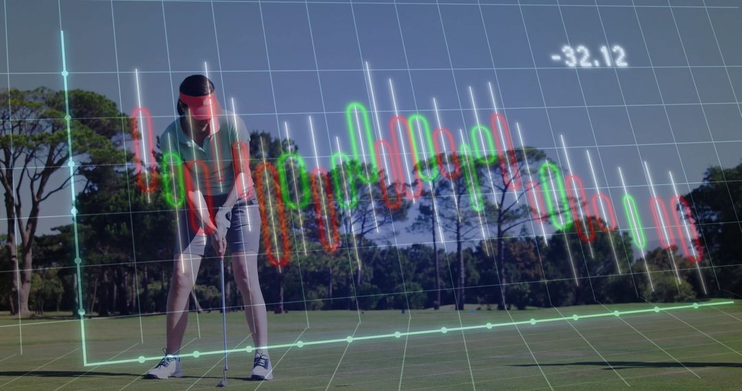 Golfer Preparing Putt with Financial Chart Overlay on Green
