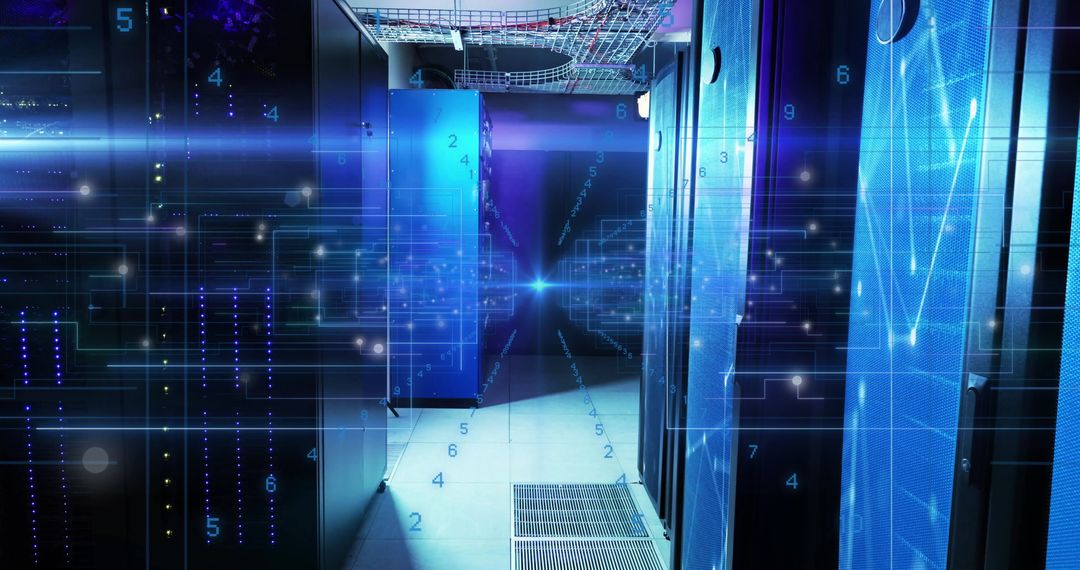 Futuristic Data Center Corridor with Glowing LED Panels