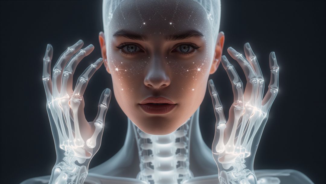 Futuristic female-present portrait with translucent x-ray skull and glowing skeletal hands