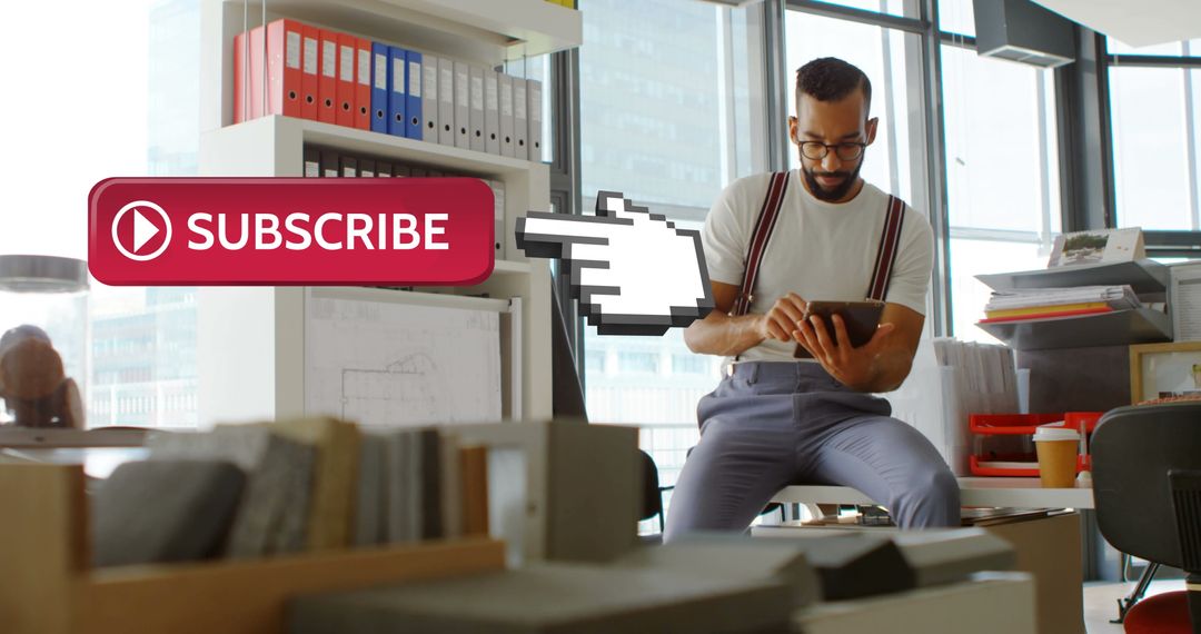 Businessman in Office with Digital Subscribe Button Overlay