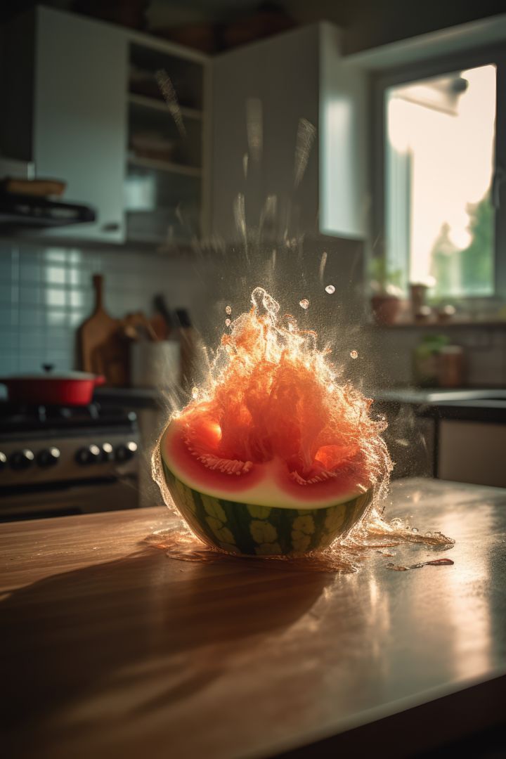 Watermelon exploding on countertop in kitchen created using generative ai technology - Free Images, Stock Photos and Pictures on Pikwizard.com