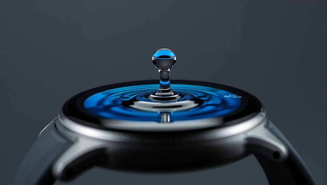 Smartwatch Display Reflecting Blue Water Droplet Creating Concentric Ripples on Metal Bezel