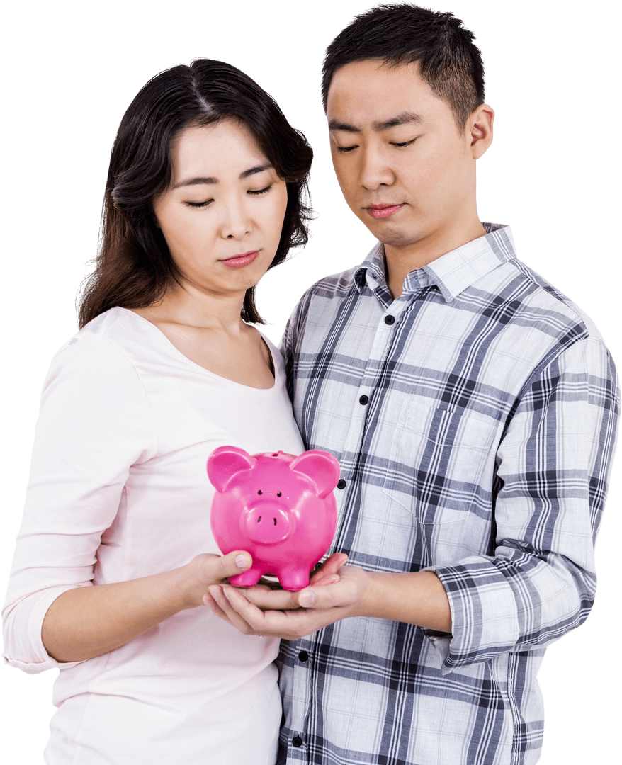 Thoughtful Couple Holding Transparent Pink Piggy Bank