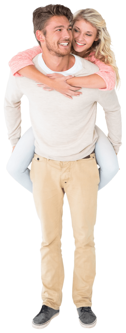 Smiling Couple in Piggyback Loving Transparent Embrace