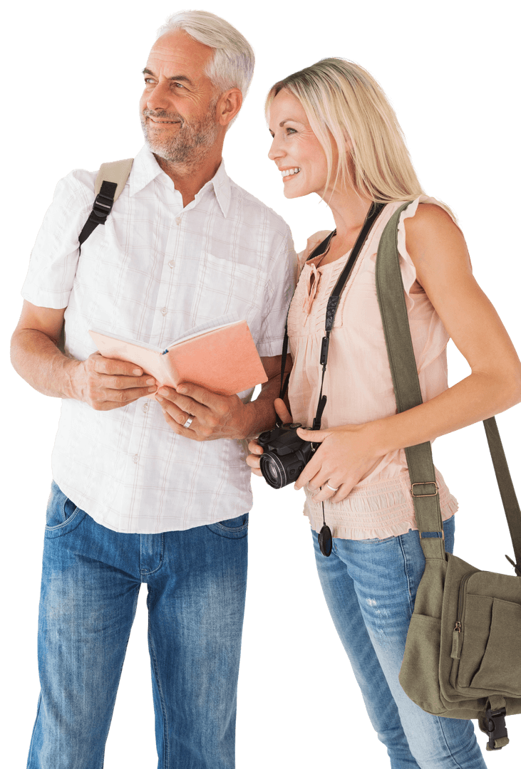 Happy Mature Tourist Couple with Travel Guidebook and Camera Transparent