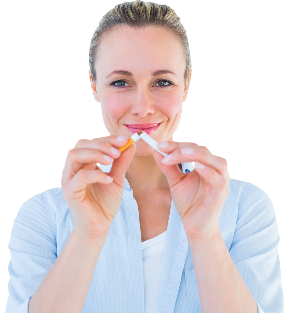 Smiling Woman Breaking Cigarette, Promoting Healthy Lifestyle on Transparent Background - Download Free Stock Images Pikwizard.com