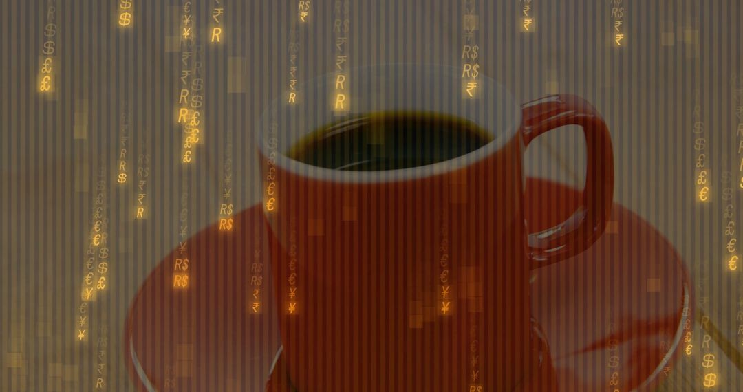 Coffee Cup with Cascading Golden Currency Symbols