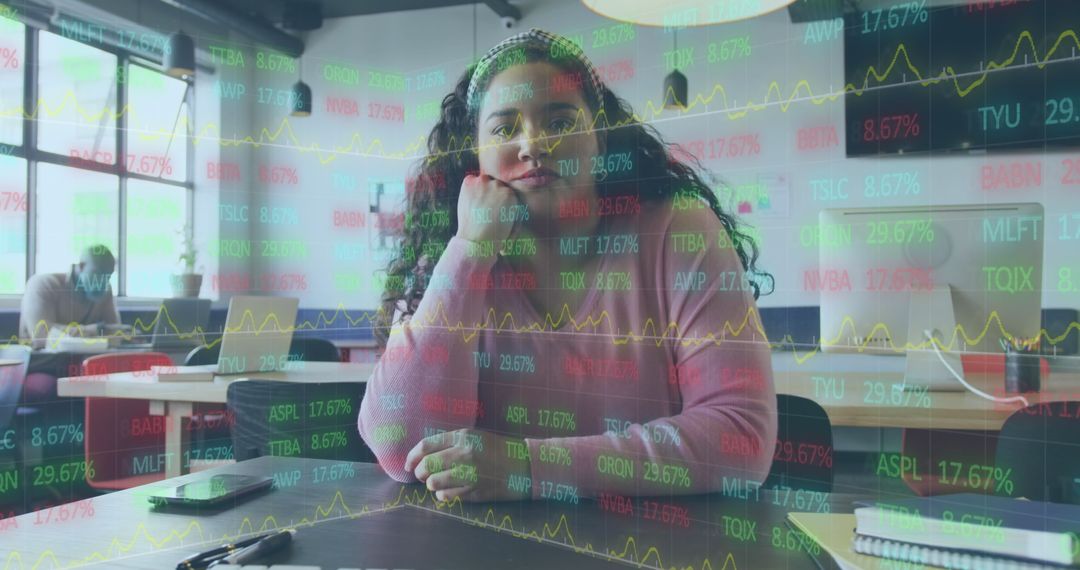 Businesswoman in Office Analyzing Digital Stock Data Visualization