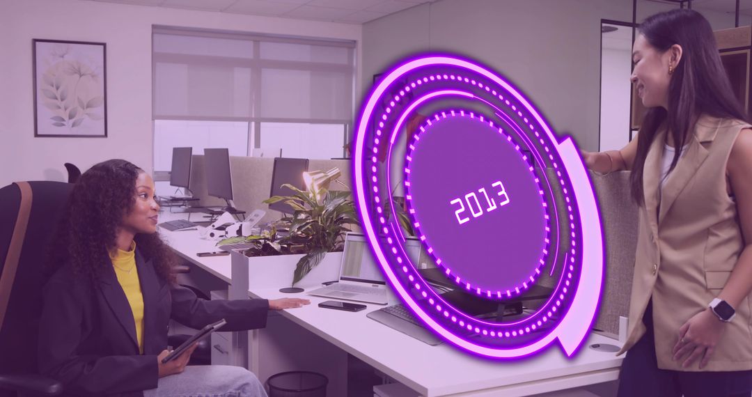 Coworkers Interacting with Holographic Display of 2013 in Modern Office