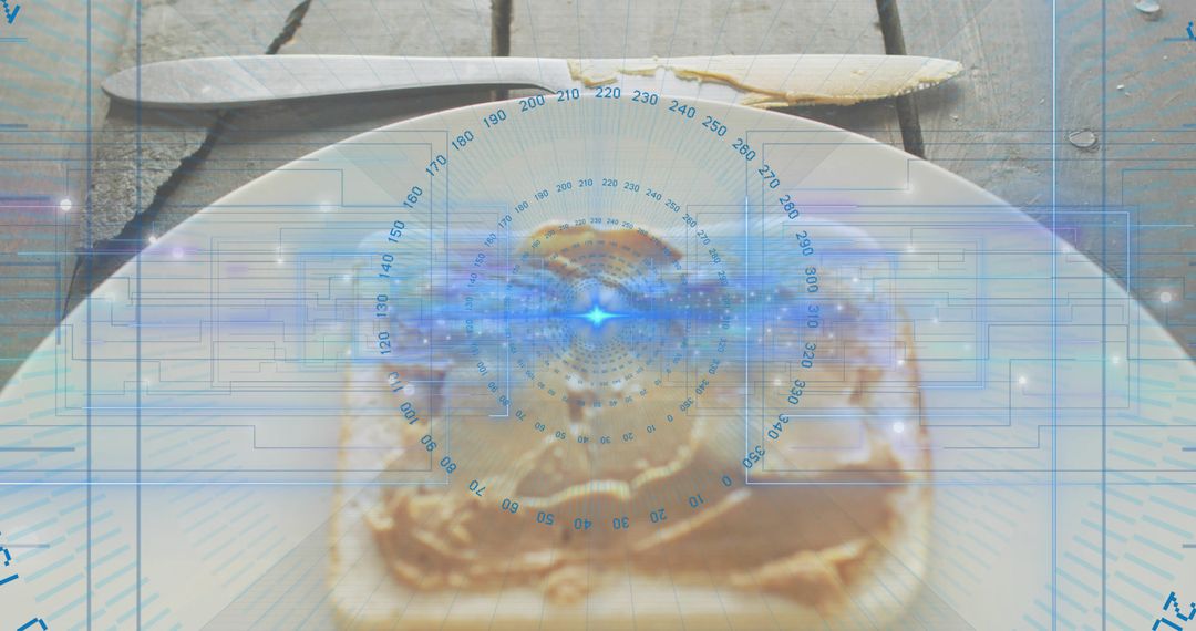 Rustic Toast with Spread on White Plate and Futuristic Blue HUD Overlay