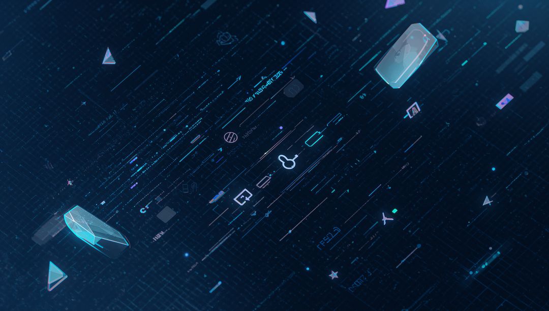 Futuristic Holographic Data Stream with Neon UI Elements, Mobile Lock Prism Visualization