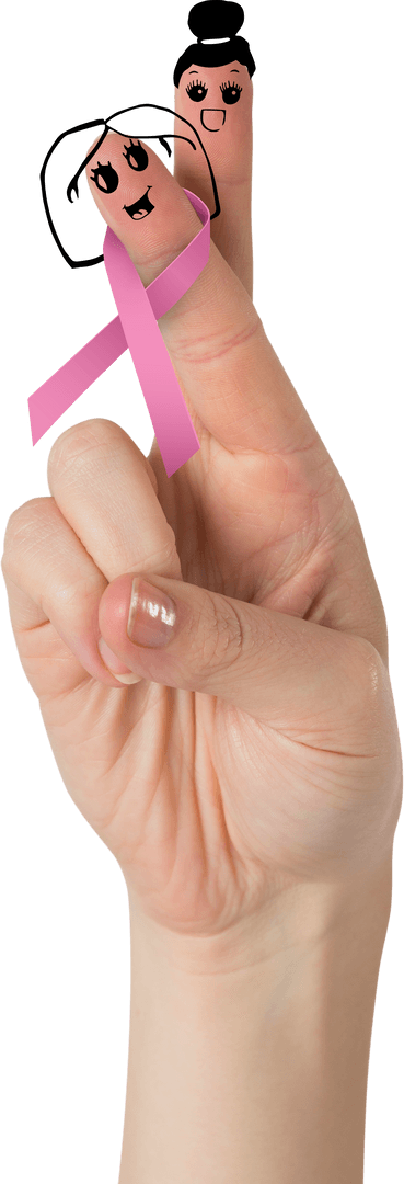 Hand with Breast Cancer Awareness Ribbon on Fingertips in Transparent Setting