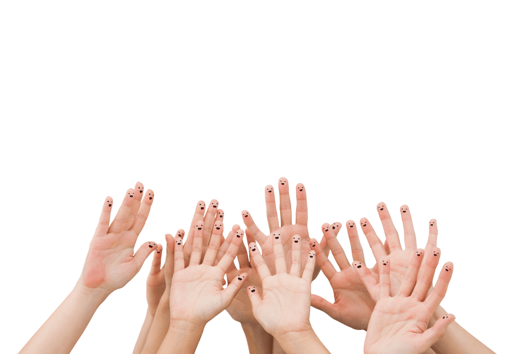 Multiple Happy Hands Raising on Transparent Background