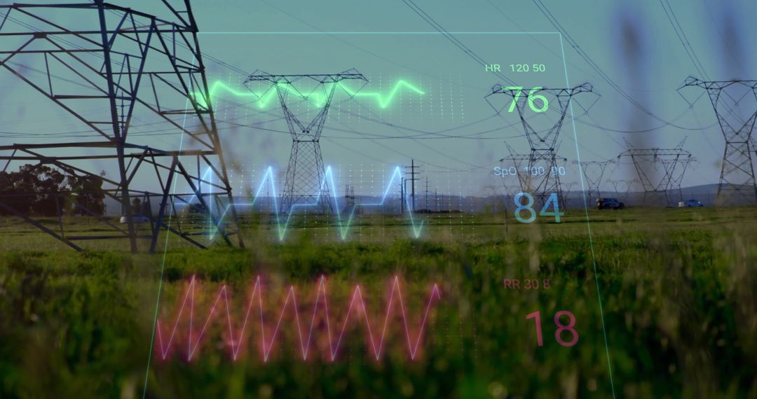 Power Lines In Grassland With Digital Monitoring Overlay