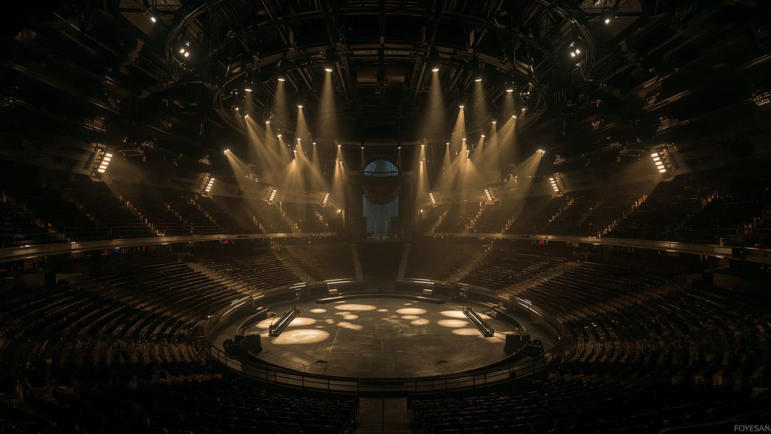 Dramatic Lighting Illuminating Circular Stage in Large Arena