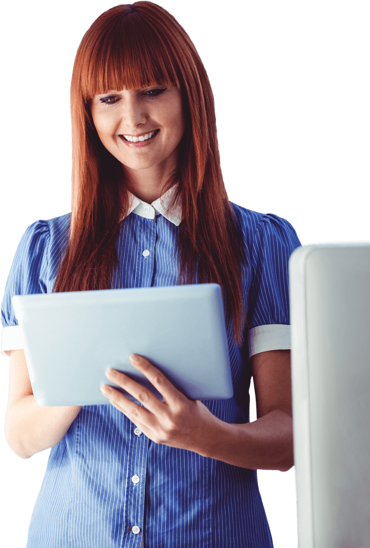 Smiling Professional with Tablet in Transparent Office Space