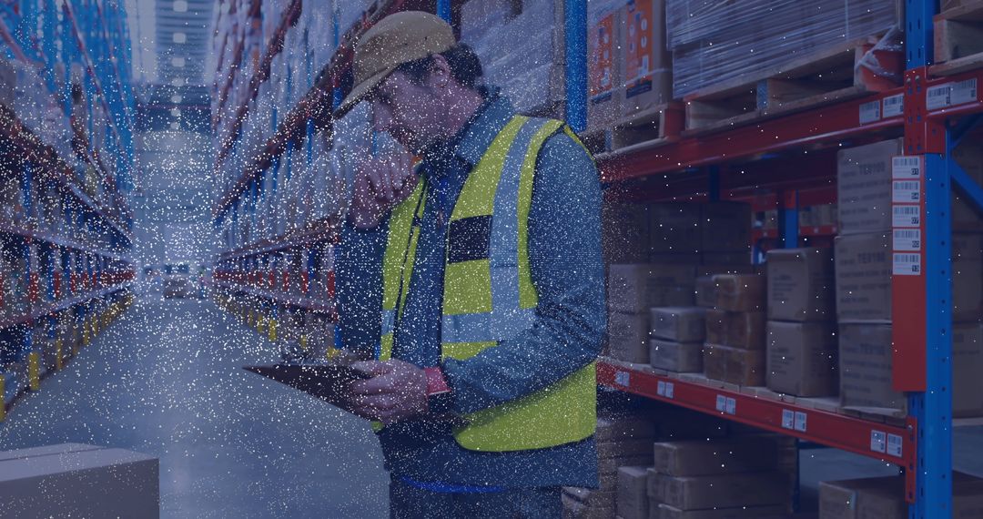 Warehouse Worker Inspecting Inventory with Tablet in Industrial Setting