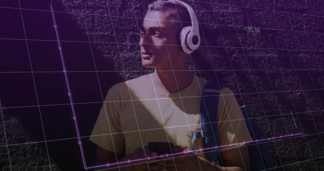 Technology and Urban Style: Youth with Headphones and Data Overlay