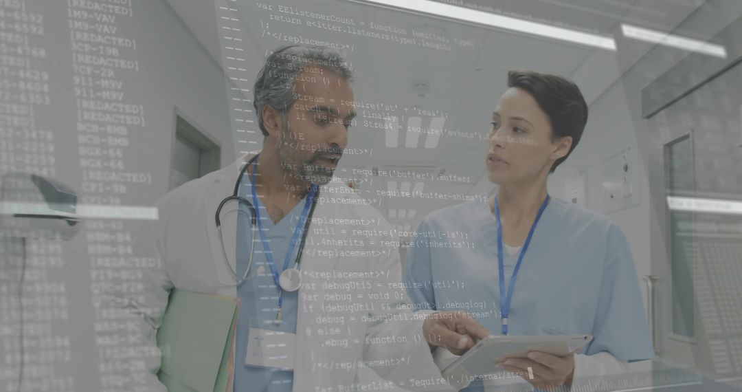 Healthcare Professionals Reviewing Files with Digital Overlay