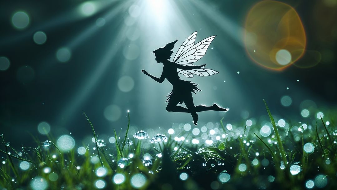 Silhouette Fairy Hovering in Enchanted Dewy Meadow