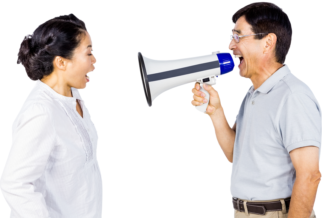 Man Shouting Through Megaphone at Partner with Transparent Background - Download Free Stock Images Pikwizard.com