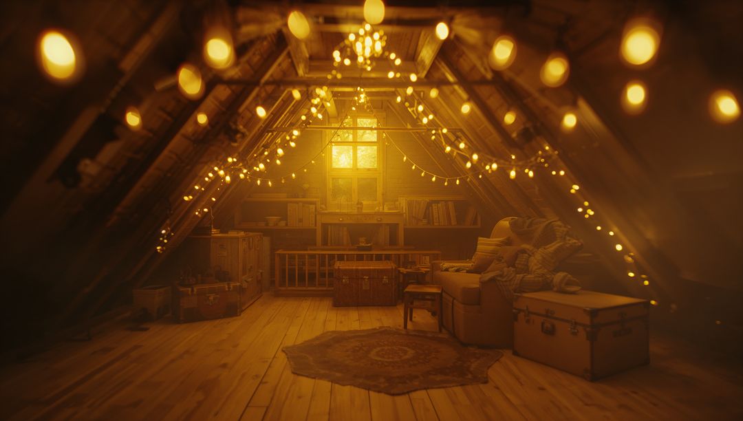 Cozy Rustic Attic Room with Warm Lighting and Vintage Decor