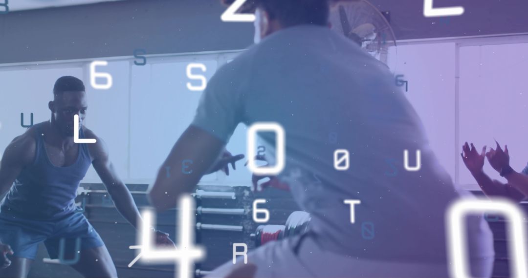 Trainer leading partner workout in mirrored studio with futuristic data overlay