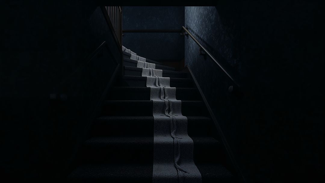 Moody Carpeted Staircase with Delicate Draped Runner and Dark Surroundings