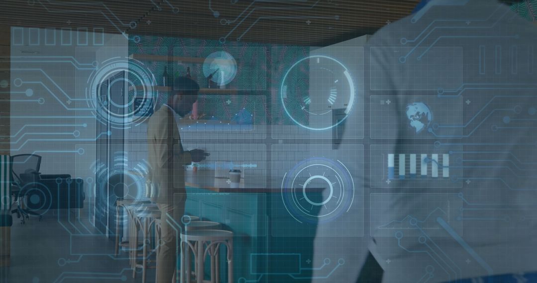 Futuristic Business Discussion in Modern Workspace with HUD Overlay