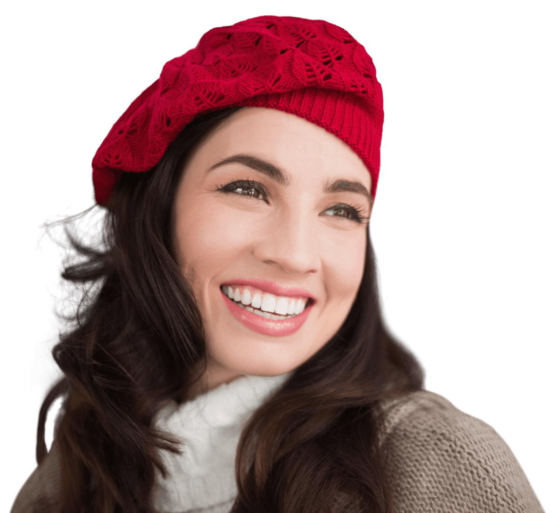 Smiling Woman in Red Knit Hat Showing Winter Joy on Transparent Background