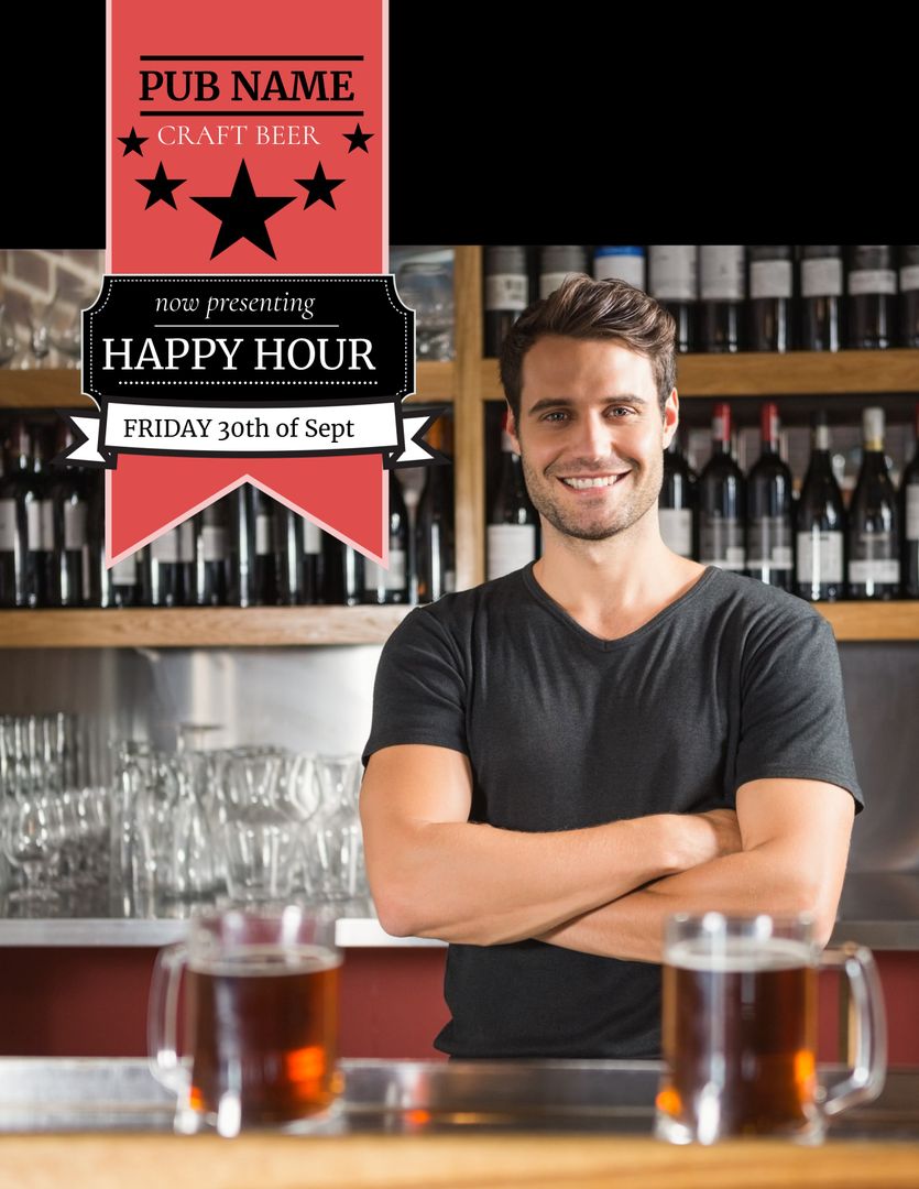 Smiling Bartender Invites Guests for Happy Hour at Cozy Pub
