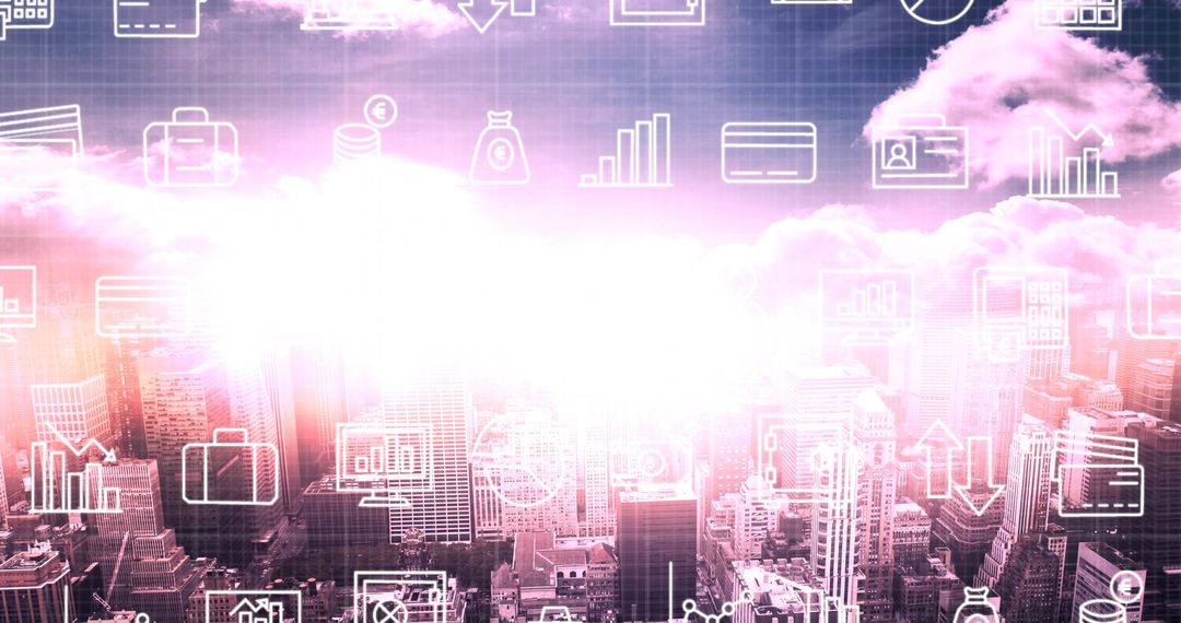 Futuristic Cityscape with Digital Data Processing Icons