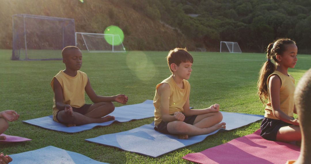 Diverse Group of Children Practicing Outdoor Yoga on Sunny Day - Free Images, Stock Photos and Pictures on Pikwizard.com