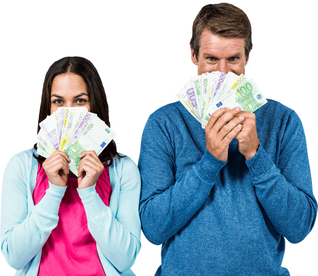 Couple Holding Euro Notes Hidden Face Looks Transparent