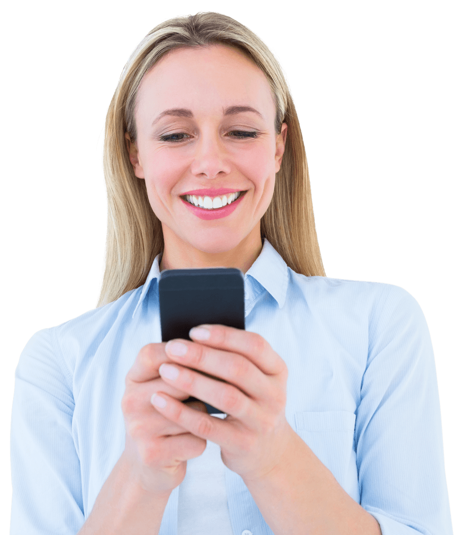 Transparent Woman Smiling Holding Smartphone for Messaging