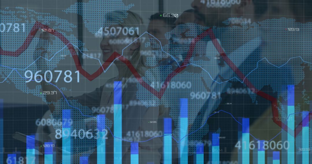 Business Team Analyzing Global Financial Data Trends in Modern Office