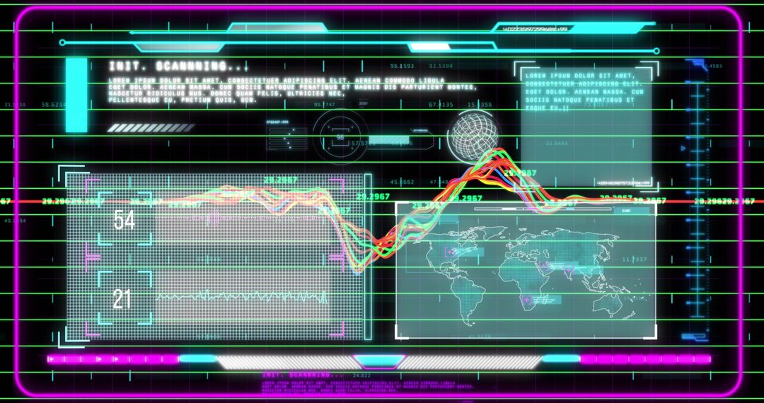 Futuristic Neon HUD with Global Data Visualization and Analytics