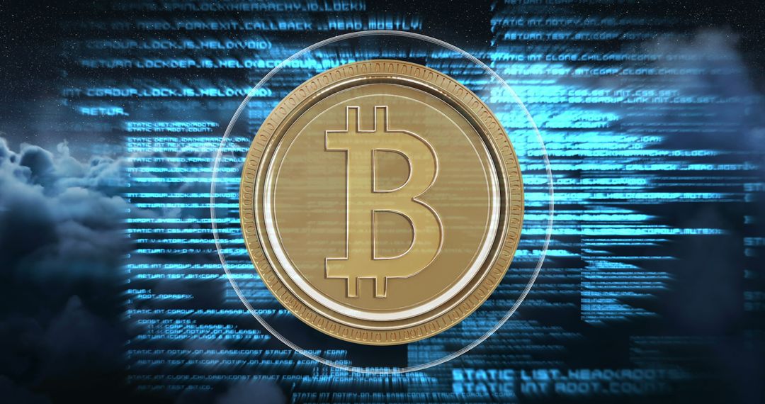 Digital Bitcoin Symbol with Moving Code in Abstract Background